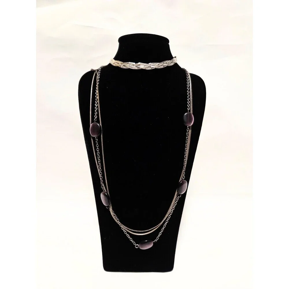 Silver Tone Multi-Strand Purple Bead Necklace & Twisted Bracelet Set